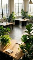 Modern office workspace with wooden desks, black chairs, and abundant potted plants near large windows. Bright natural light fills the contemporary interior design for corporate environments.