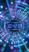 Digital clock display showing time surrounded by futuristic holographic interface with glowing data circles and binary code in blue purple neon colors.