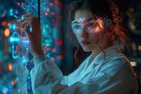 Young female scientist in protective glasses analyzing holographic data visualization with glowing cyan interface against dark background with bokeh lights.