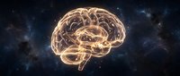 Glowing golden brain with neural pathways floating in deep space cosmos with stars and nebula for medical education and neuroscience concepts.