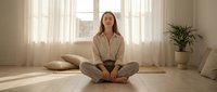 Young Caucasian woman in beige loungewear sitting cross-legged on wooden floor in bright minimalist living room with natural sunlight streaming through windows.