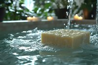 Natural soap bar floating in water with splashes and droplets, soft candlelight bokeh in background creates relaxing spa atmosphere. Wellness and body care concept.