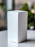 White blank rectangular box on blurred background, mockup for product packaging design and branding presentation.