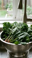 Fresh kale being rinsed in colander under kitchen faucet by window. Healthy organic vegetables washing for cooking and meal preparation.