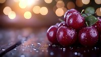 Fresh ripe cherries with water drops on dark wooden surface against blurred bokeh lights background, macro food photography for restaurant menu design.