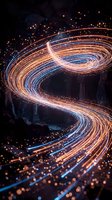 Glowing neon light trails form an abstract S shape with blue and orange streaks against dark background, creating dynamic energy flow effect for digital design projects.