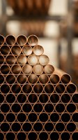 Stack of copper pipes arranged in pyramid formation at construction site or warehouse with industrial background for plumbing and building projects.
