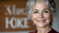 Elegant senior woman with silver hair and genuine smile wearing burgundy sweater against blurred background, radiating confidence and warmth in natural lighting.