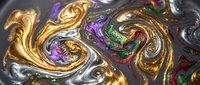 Abstract liquid metal swirls with golden, purple and iridescent colors creating flowing organic patterns for modern digital art backgrounds.