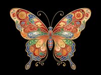 Ornate butterfly with colorful floral patterns and gold details, isolated on transparent background, ready for stickers, t-shirt design, and print on demand.