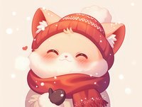 Adorable kawaii fox character wearing winter knit hat and scarf, smiling with rosy cheeks against soft pink background with falling snow and hearts.