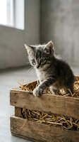 Adorable tabby kitten sitting in rustic wooden crate filled with straw, soft natural lighting creates cozy barn atmosphere for pet and animal content.