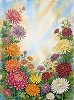 Watercolor chrysanthemum flowers frame with colorful blooms and green leaves on textured paper background for greeting cards and floral designs.