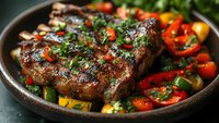 Grilled ribeye steak with charred marks served on rustic plate with colorful roasted vegetables, fresh herbs and cherry tomatoes, close up view of juicy meat dish.
