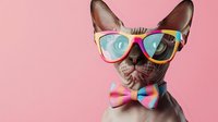 Stylish French bulldog wearing colorful sunglasses and bow tie on pink background for trendy pet fashion and summer vacation concepts.
