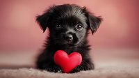 Black puppy with fluffy fur holding red heart shape toy against pink background. Sweet valentine pet portrait on soft carpet showing love and tenderness.