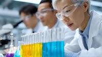 Asian female scientist in lab coat and safety glasses examining colorful liquid samples in test tubes while colleagues work with microscopes in research laboratory background.