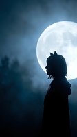 Silhouette of a young woman with cat ears against a glowing full moon in a dark, misty night sky with trees.