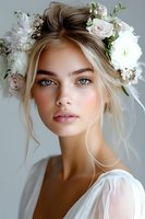 Young Caucasian bride with natural makeup and blue eyes wearing white floral crown with roses and baby's breath. Romantic updo hairstyle with loose strands.