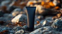Black cosmetic tube on rocky beach surface with warm sunset lighting and blurred stones background, mockup for skincare product packaging design.