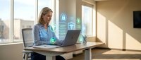 Professional businesswoman working on laptop with digital security icons and data protection symbols in modern office environment for cybersecurity concepts.