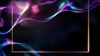 Glowing neon frame with flowing purple and blue smoke effect on dark background, abstract luminous border with dynamic light waves and particles.
