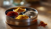 Vibrant aromatic spices in metal containers featuring yellow turmeric, red paprika and black pepper powder on wooden surface with warm lighting and selective focus.