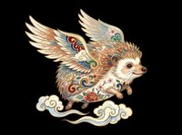 Flying hedgehog with ornate floral and swirl patterns, wings, and clouds, isolated on transparent background. Ready for stickers, t-shirt design, and print on demand.