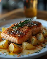 Grilled salmon fillet with rosemary garnish served on roasted potatoes, seasoned with black pepper and sea salt on white plate, restaurant quality meal.