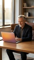 Senior man with gray hair and beard, wearing dark blazer over light shirt, working on laptop at wooden desk in modern office with bookshelves and natural light from window.