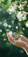 Delicate female hands holding crystals with floating gemstones against blooming jasmine flowers and green bokeh background, magical spring nature concept.
