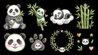 Cute watercolor panda clipart set with bamboo, paw prints, and floral wreath, isolated on transparent background. Great for stickers, nursery prints, and t-shirt design.