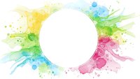 Vibrant watercolor paint splashes in rainbow colors surrounding white circular frame for creative design projects and artistic presentations.