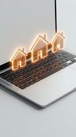 Glowing house icons with circuit board patterns emerging from laptop keyboard representing smart home technology and digital real estate solutions.
