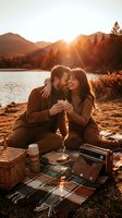 Couple enjoying romantic lakeside picnic at golden hour sunset with mountains, forest, and camping gear in warm autumn setting.
