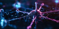 Microscopic neural network visualization in purple and blue neon colors showing synaptic connections and nodes against dark background, scientific concept.