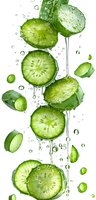 Fresh cucumber slices falling in water splash with droplets on white background, bright green vegetable pieces with streaming water motion.