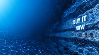 Digital network visualization with glowing "Buy it now" text emerging from connected dots and lines against deep blue background for marketing and ecommerce concepts.