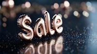 Rose gold metallic balloon letters spelling sale floating on dark glittery surface with bokeh lights background and reflection. Festive retail promotion concept.