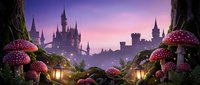 Enchanted fairy tale landscape with glowing mushrooms and magical castle silhouette at twilight for fantasy storytelling and children's book illustration.