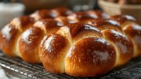Golden brown challah bread with glossy egg wash finish cooling on wire rack. Fresh baked braided loaf with shiny crust perfect for bakery displays and food photography.
