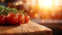 Fresh cherry tomatoes on rustic wooden cutting board with warm sunlight and bokeh effect, green stems attached, macro food photography for culinary design.