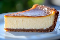 Creamy vanilla cheesecake slice with caramelized top and chocolate cookie crust served on white plate, macro food photography with selective focus and bokeh background.