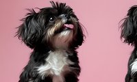 Black and white Shih Tzu puppy with tongue out against pink background, looking up with playful expression. Studio pet portrait showing adorable small dog personality.