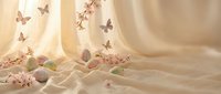 Soft beige fabric backdrop with delicate butterflies, cherry blossoms and scattered petals creating dreamy spring atmosphere for romantic designs.