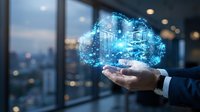 Businessman holding glowing digital cloud with network connections and data visualization against city skyline, representing cloud computing and technology infrastructure solutions.