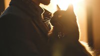 Silhouette of black cat and person in warm golden backlight creating tender moment. Soft focus portrait highlighting pet companionship and emotional bond.