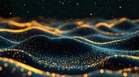 Abstract flowing waves of golden and teal particles create a dynamic, luminous landscape. Sparkling bokeh lights dance across undulating forms, evoking data streams, digital transformation, or cosmic energy for tech and design projects.