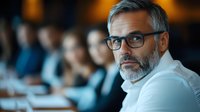 Mature businessman with gray beard and glasses in white shirt looking thoughtful during corporate meeting, with blurred colleagues in background.