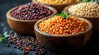Red and orange lentils in wooden bowls with fresh mint garnish on dark background, raw organic legumes and pulses for healthy protein-rich cooking.